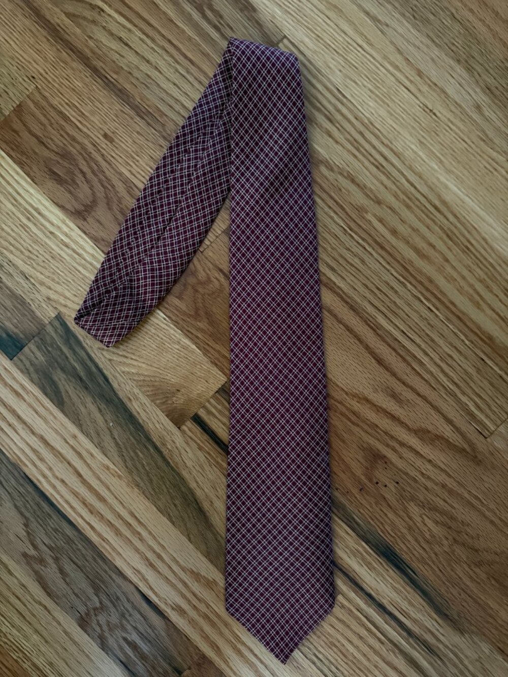 Lands' End Men's Silk Necktie Made in USA Maroon and Cream Grid Pattern